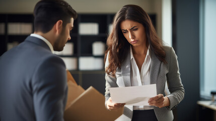 Frustrated female employee reads a dismissl document in the presence of her boss