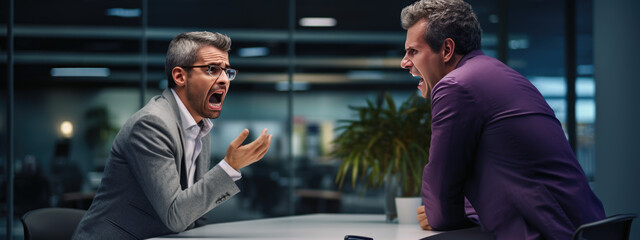 Supervisor and a subordinate yell at each other in a company office. - obrazy, fototapety, plakaty