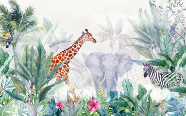 Tropical Trees and safari animals wallpaper design © irwan