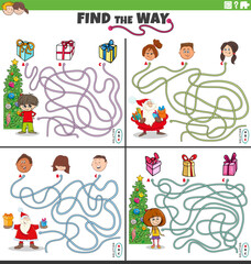 find the way maze games set with Santa Claus and kids on Christmas