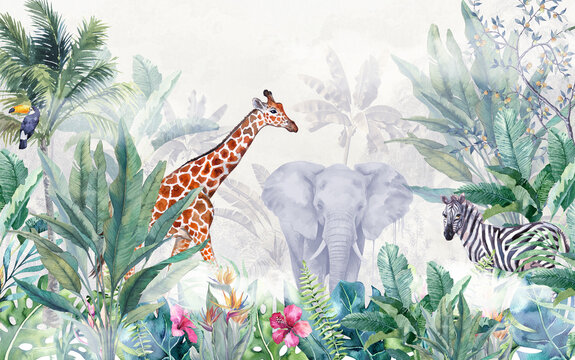 Tropical Trees and safari animals wallpaper design