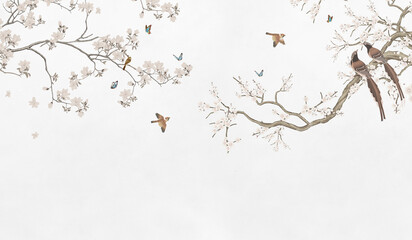 Chinoiserie Beautifull View with Gray Abstract Background