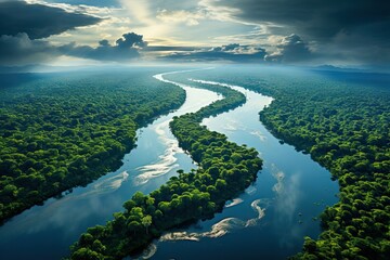 Aerial view of the Amazon river and the tropical rain forest - obrazy, fototapety, plakaty