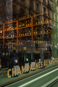 Wine shop window in Paris, France.