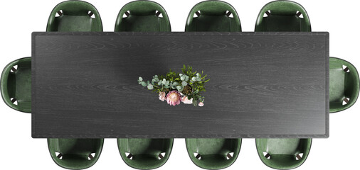 Top view of wooden dining table with chairs