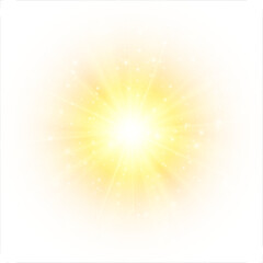 A flash of yellow light. Sun on a white background. Overlay effect. Vector