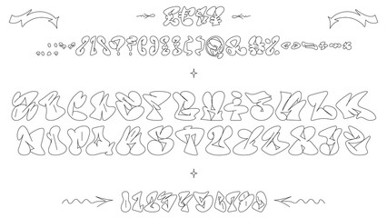 Graffiti Y2K alphabet. Trendy line typeface design. The stroke thickness can be adjusted. The set includes 26 letters, 10 numbers, 27 punctuation marks, 4 currency symbols, 7 stickers.