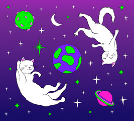 Obraz na płótnie Canvas psychedelic white cats in zero gravity. Cool space trips