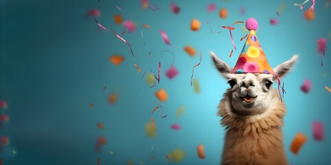 Fototapeta premium Creative animal concept. a llama wearing a party hat and confetti , digital art, faceted, copy space. Generative AI