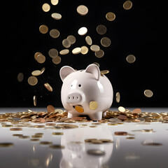 Coins falling to white piggy saving money financial and money deposit concept