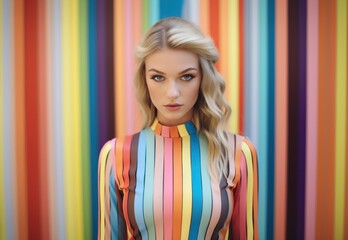 A woman standing in front of a colorful striped wall.