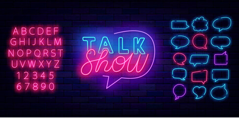 Talk show neon signboard. Shiny pink alphabet. Speech bubbles frames. Podcast and interview. Vector stock illustration