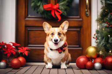 Happy corgi dog against the background of Christmas gifts, decorations and the front door of the house