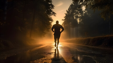 A man is running on a forest road after rain. There is water on the side of the road. While the sun is rising It conveys the idea that life is full of challenges and change. But we can always pass it.