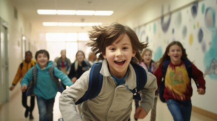 Elementary school children running in the school hallway smiling face, Generative AI