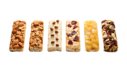  Energy snack bars, separated, made from healthy ingredients in an outdoor food-themed, photorealistic illustration in a transparent PNG, cutout, and isolated. generative ai