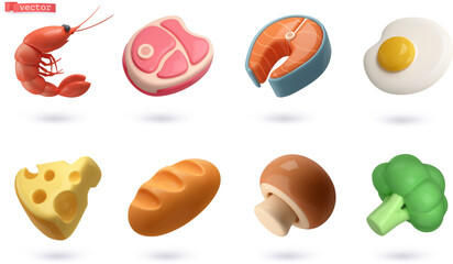 Food simple objects, 3d vector cartoon icon set - 652436910