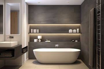 Fototapeta na wymiar Modern minimalist bathroom, gray tiles and vanity with sink.