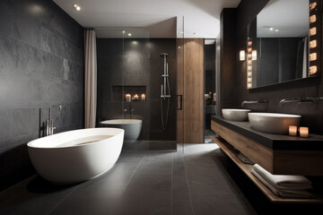 Fototapeta na wymiar Modern minimalist bathroom, gray marble tiles and two vanities and mirrors.