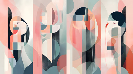 Naklejka premium Abstract design art illustration curves faces pattern full of color background and geometric woman concept futuristic