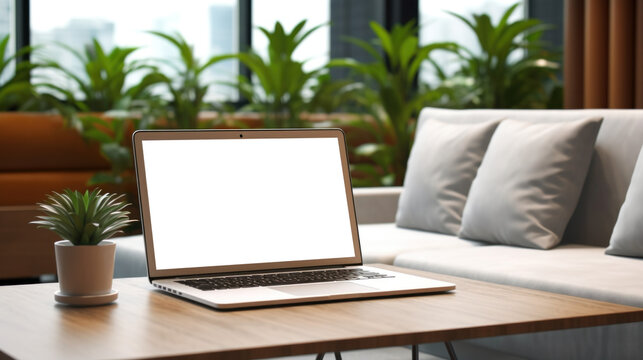 mockup image of laptop with blank transparent screen, on the table by the flower and sofa pillows in a cozy home living room environment furnishings. Ideal for website marketing and advertising