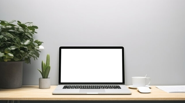 mockup image of laptop with blank transparent screen, on the table by the flowers and cup in a cozy office space environment furnishings. Ideal for website marketing and advertising