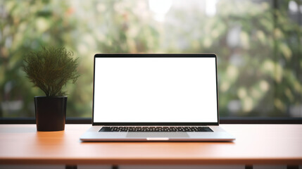 Fototapeta premium mockup image of laptop with blank transparent screen, on the table by the cup and flowers in a cozy cafe or snack bar environment. Ideal for website marketing and advertising