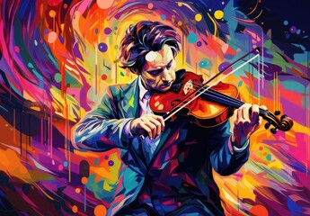 Musician playing the violin in the style of a watercolor drawing. Colorful picture of a violinist. Illustration for cover, card, postcard, interior design, decor or print. - obrazy, fototapety, plakaty
