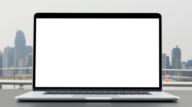 mockup image of laptop with blank transparent screen, on the table by the railings and skyscrapers in a big city environment furnishings. Ideal for website marketing and advertising