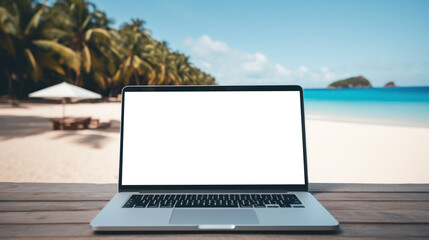 mockup image of laptop with blank transparent screen, on the table by the ocean and palm trees in a cozy tropical beach environment furnishings. Ideal for travel and remote work website marketing and 