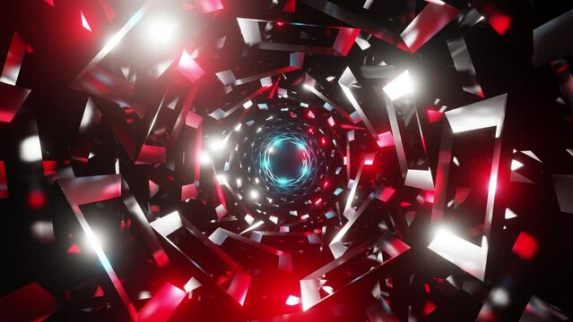 Endless tunnel of geometric shapes rotates with red and white flashes to a musical rhythm vj loop 3d render. Abstract backdrop for music festival, disco, dj party, noisy stages