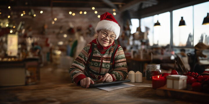Christmas elf with down syndrome in his gift shop with his tablet receiving orders for Christmas