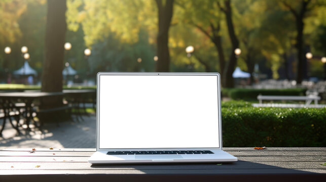 mockup image of laptop with blank transparent screen, on the table in a cozy park or square outdoor environment furnishings. Ideal for website marketing and advertising