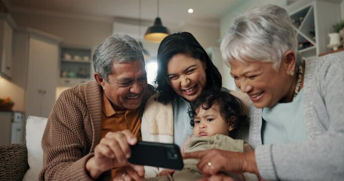 Selfie, woman and senior parents with child bonding together on sofa for relaxing at home. Happy, smile and female person taking a picture with elderly people in retirement and baby for social media