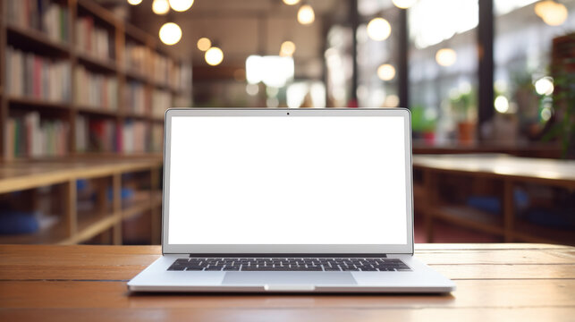 mockup image of laptop with blank transparent screen, on the table in a cozy library environment furnishings. Ideal for science and education website marketing and advertising