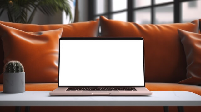 mockup image of laptop with blank transparent screen, on the table by the cactus and sofa pillows in a cozy home living room environment furnishings. Ideal for website marketing and advertising