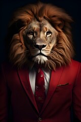 Animais in suits, cool animals wearing formal clothes. Monkeys, lions, dogs, cats, tigers, gorillas, birds, etc. Art generated by artificial intelligence.