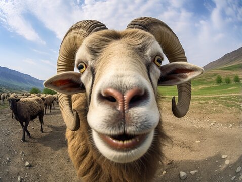 Close-up portrait of a ram. Detailed image of the muzzle. A domestic animal is looking at something. Illustration with distorted fisheye effect. Design for cover, card, postcard, decor or print.