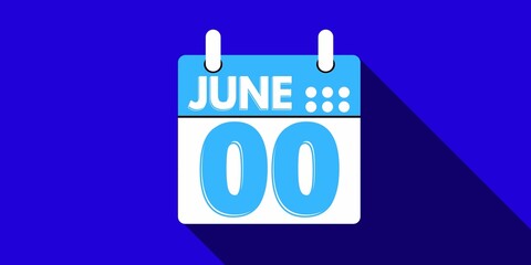 00 june. calendar with the day zero of the month of june in blue color and background blue