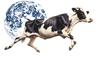 Fototapeta premium a cow jumped over the moon in a story book-themed, photorealistic illustration in a transparent PNG, cutout, and isolated. Generative ai