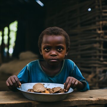 Small poor African child eating 