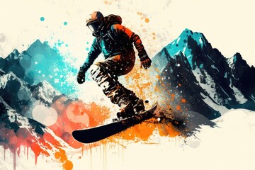 Snowboarder jumping against mountains background. Extreme winter sport illustration