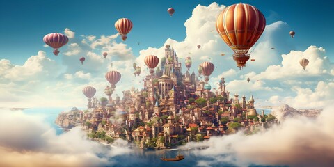 Castle in the sky, beautiful sky Kingdom with hot air balloons, Generative AI.