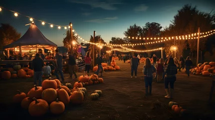 Tuinposter Autumn fall festival with lights, pumpkins and people on a pumpkin patch farm. Halloween party in the park with pumpkins and garlands. © mandu77
