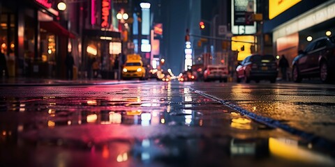 'City of lights' is shown in neon on a wet street in a city, Generative AI. - obrazy, fototapety, plakaty