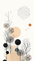 An illustration of nature-inspired forms in dotted, minimalist line art on a very white background. muted pastel colors with black accents, AI generative