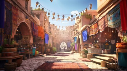 Exploring the bustling, ancient Middle Eastern market stands, Generative AI.