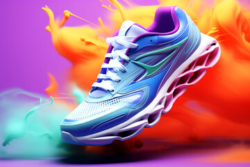 Bright sneaker in background with fantasy colors, trendy color 2024. Visual aesthetics. Poster or flyer design. Close-up. Banner