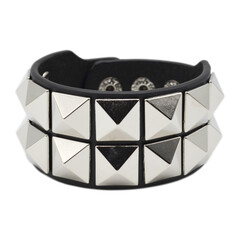 Black leather bracelet with spikes, pyramids. An accessory for rockers, bikers, metalheads, goths...