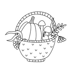 Autumn wicker basket full of vegetables doodle hand drawn illustration black outline